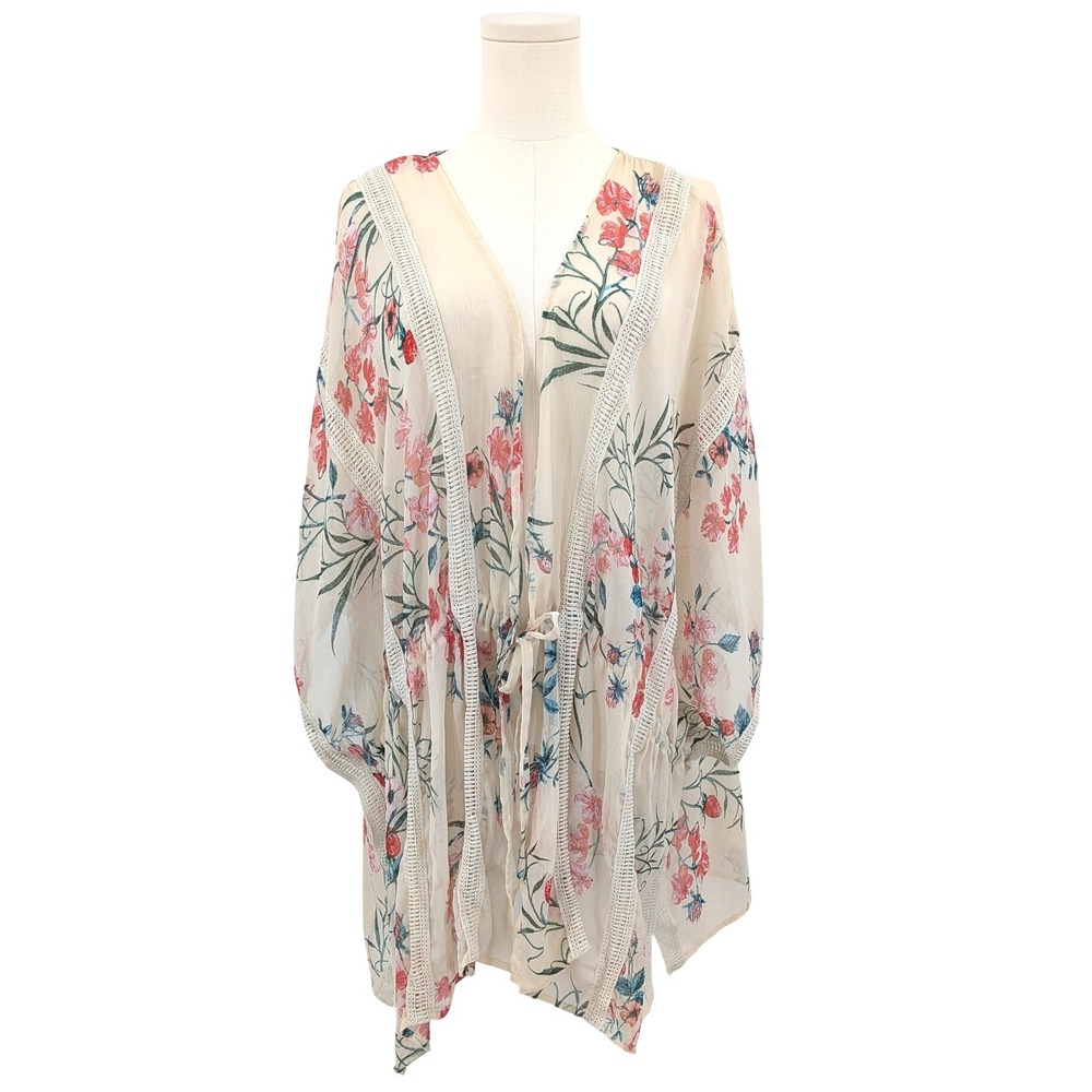 Floral Kimono Cardigan Boho Sheer‎ Layer with Crochet Trim Tie Cinch Waist 1X